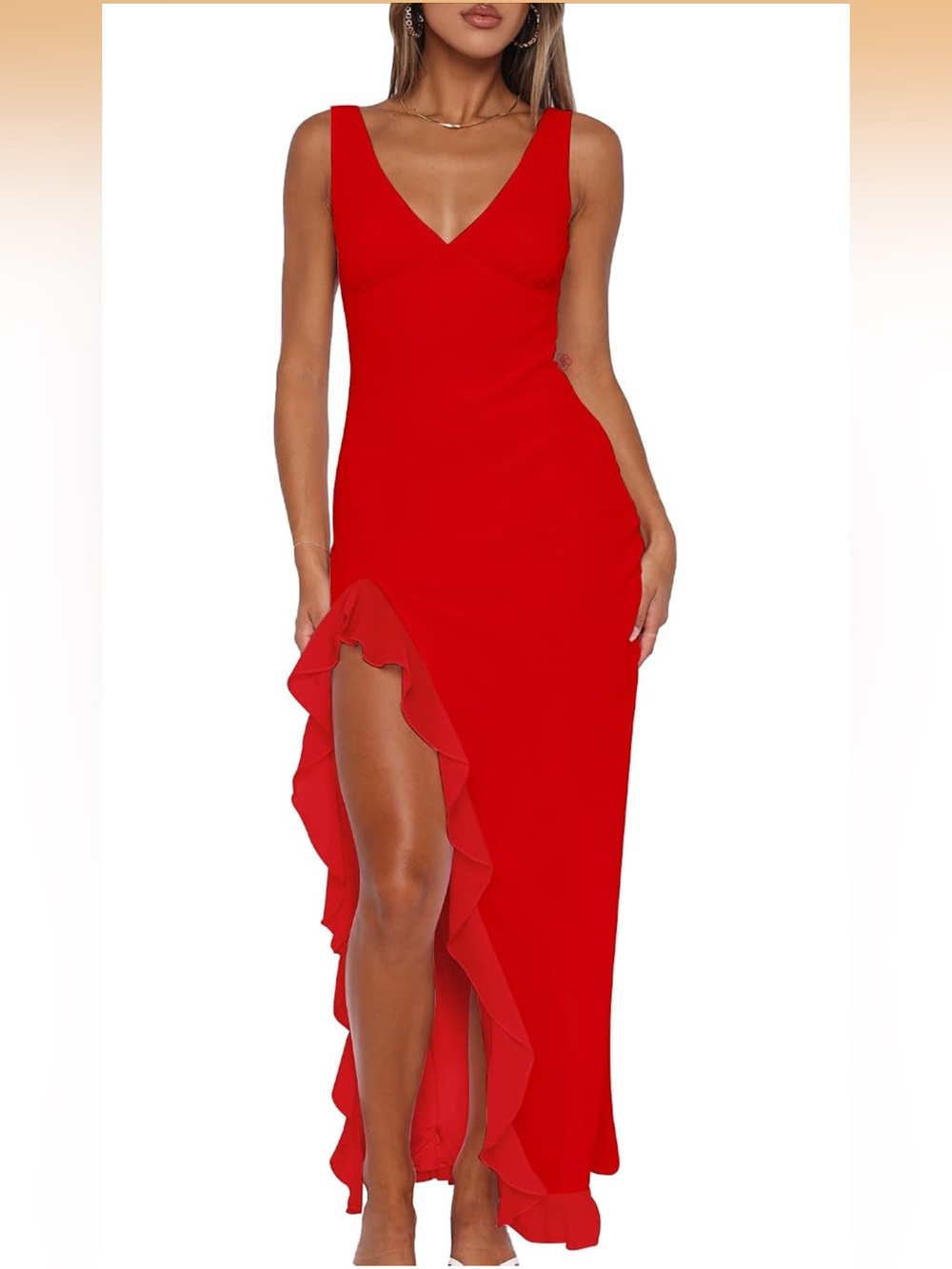 Sleeveless Red V-Neck Maxi Dress with Ruffle Side Slit